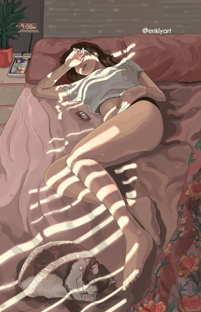 A painting of a woman dressed in a T-shirt and shorts, laying on a bed with a pink bedspread as slats of light fall over her.