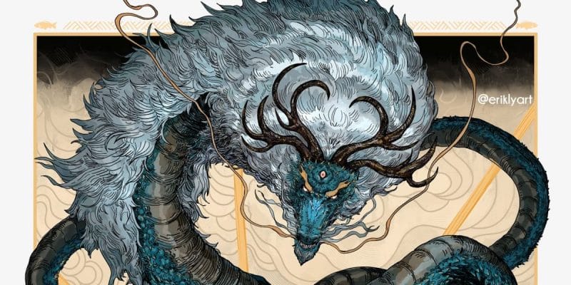 A serpentine blue dragon with a silver mane.