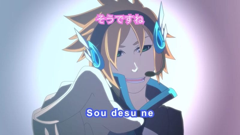An anime boy wearing headphones and a high-collar jacket points at the screen as he says "Sou desu ne."