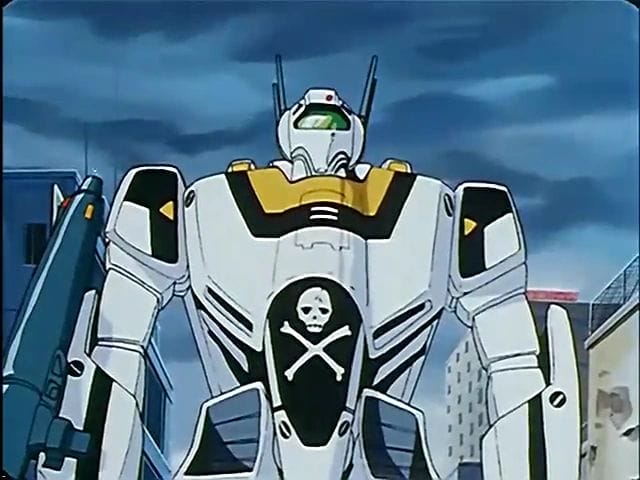 Screenshot from Robotech that depicts a giant robot adorned with a skull and crossbones