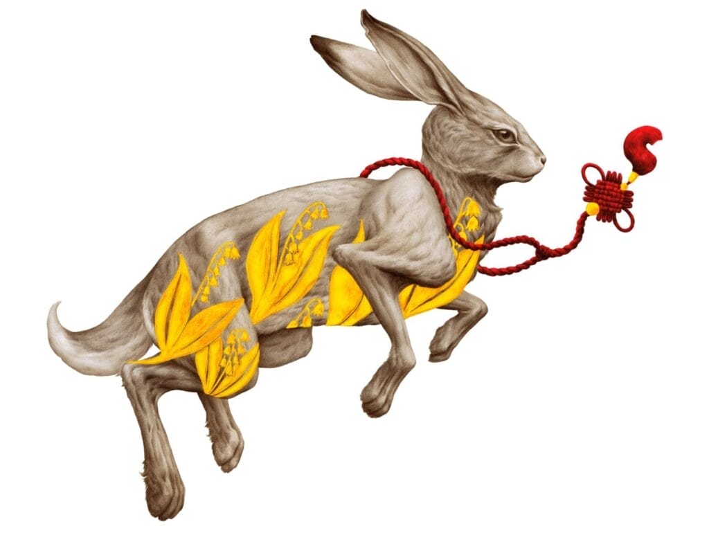 Painting of a rabbit with gold leaf-like adornments on it.