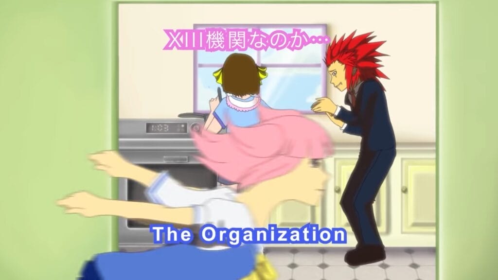 Screenshot from the "She's So Kawaii" music video that features a pink-haired girl running by a room where Haruhi Suzumiya is cooking for Roxas
