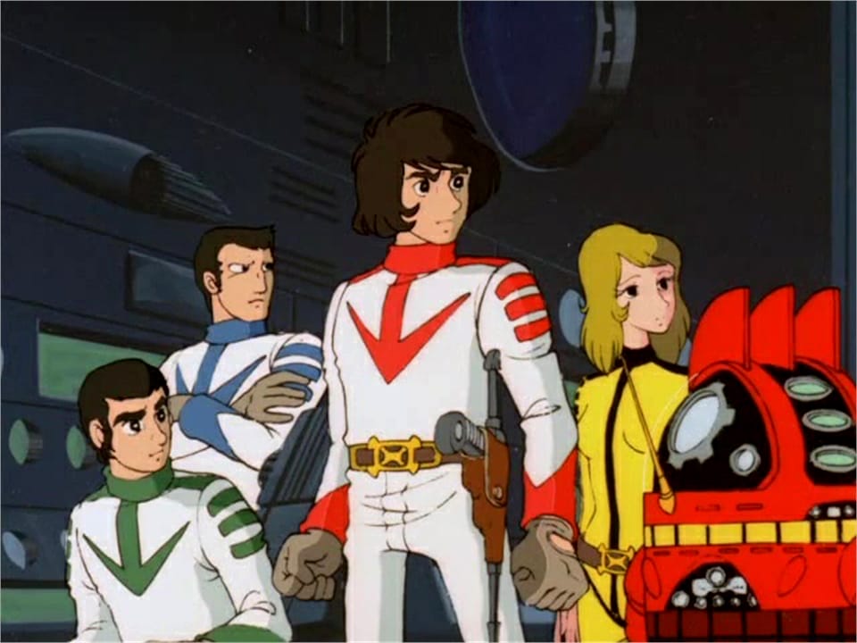 Screenshot from Star Blazers that depicts the main cast standing heroically.
