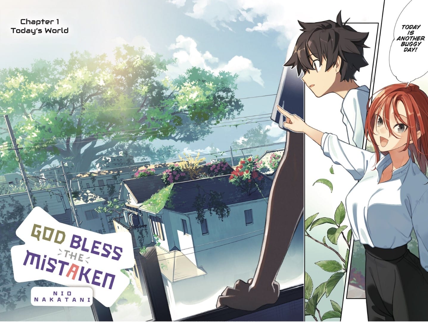 Full color spread from the manga God Bless the Mistaken, showing the characters looking out into a leafy neighborhood. Speech bubble text reads: "Today is another buggy day!"