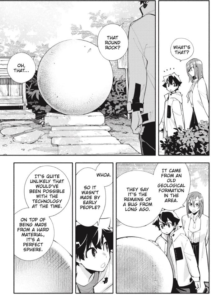 Manga panels showing Kon and Kasane examining a huge sphere of rock that suddenly appeared as the result of a bug