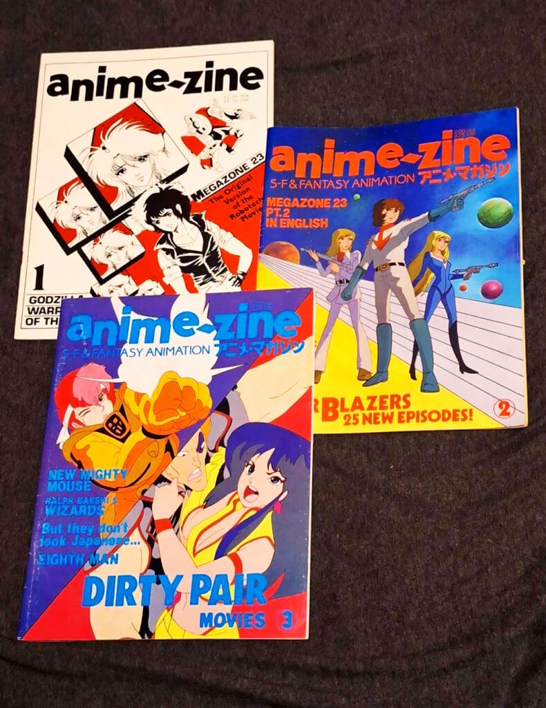A photograph of the three issues of Anime-Zine