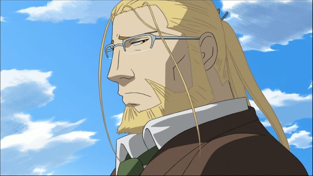 Van Hohenheim from Fullmetal Alchemist: Brotherhood. A rugged man with blonde hair and a beard, wearing silver-rimmed glasses