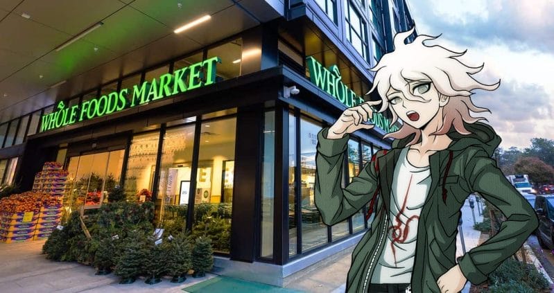 Nagito Komaeda from Danganronpa standing in front of a Whole Foods Market