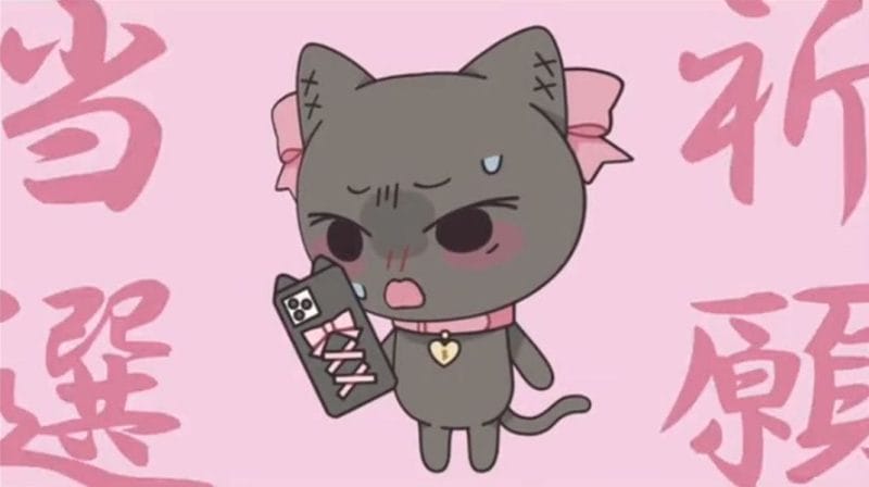 Screenshot from the Otaku-chans anime that depicts a black kitten staring, distraught, at her smartphone.
