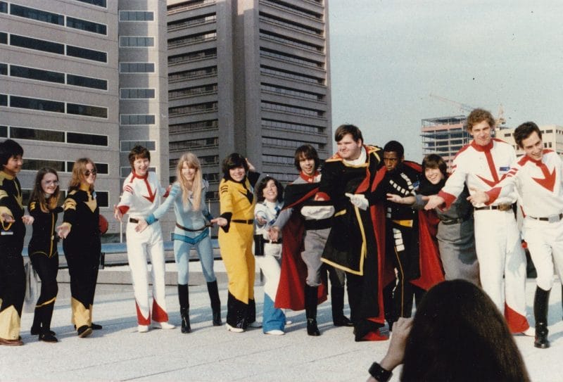 A photo of thirteen Star Blazers cosplayers taken at Worldcon 1983