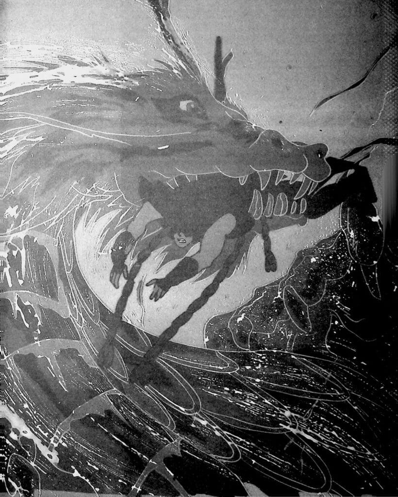Black and white still from Saint Seiya depicting a massive dragon attacking a warrior