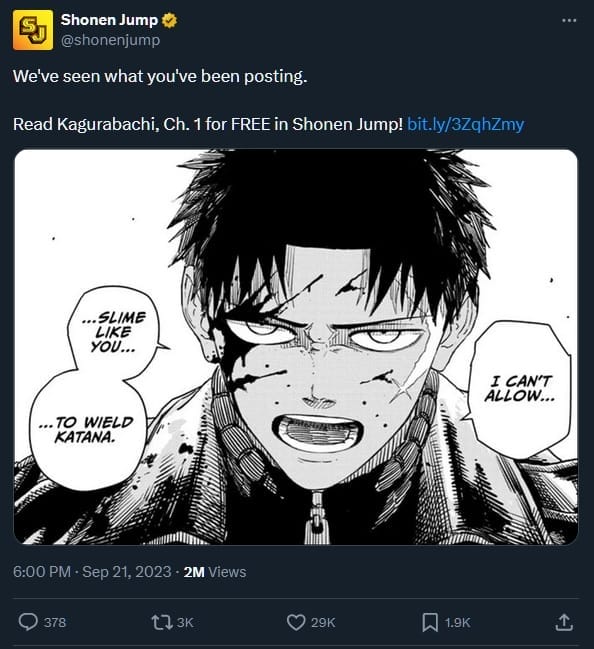 Screencap of a tweet from Shonen Jump that reads "We've seen what you've been posting. Read Kagurabachi Chapter 1 for FREE in Shonen Jump!"