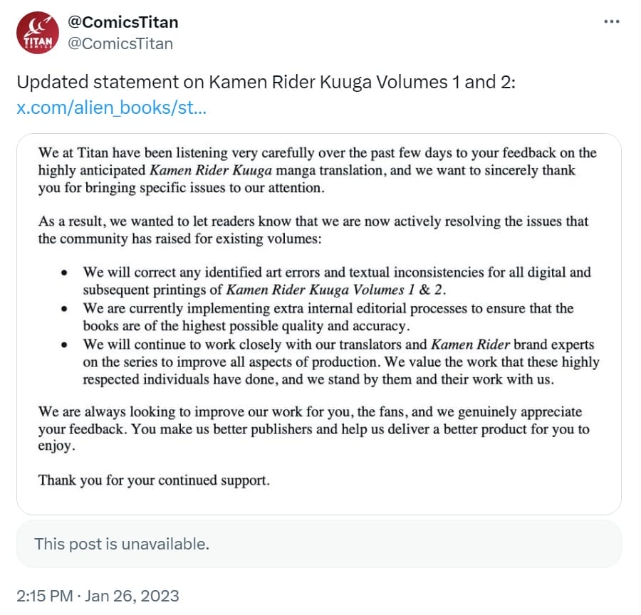 Tweet by Titan Comics from January 2023, which features a statement regarding the company's low-quality translations of Kamen Rider Kuuga.