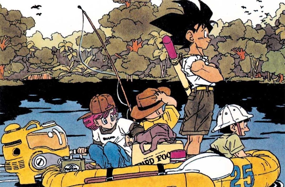Cropped cover art for Dragon Ball Z volume 9, which depicts Goku, Bulma, Krillin, and Gohan cruising down a jungle river in a yellow boat