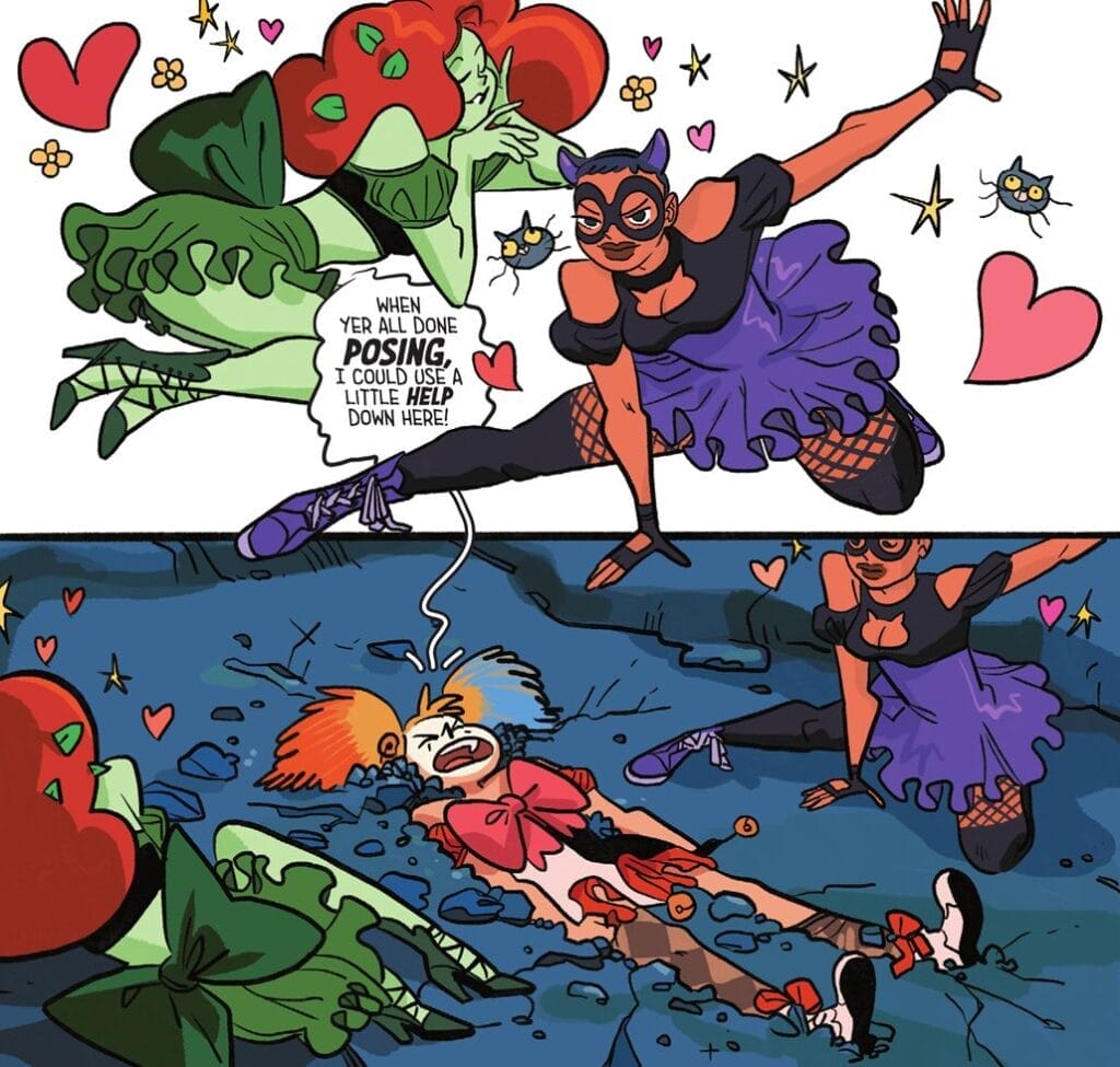 Two panels from Harley Quinn #23, which depict Ivy and Catwoman posing in costumes in the first panel. In the second, Harley is embedded in the pavement crying "When yer all done POSING, I could use a little HELP down here" - the speech bubble of which is worming into the first panel.