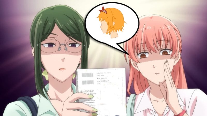 Screenshot from Wotakoi that depicts Narumi and Hanako whispering to each other while staring at a book. A speech bubble with the Anime Herald logo is photoshopped between them