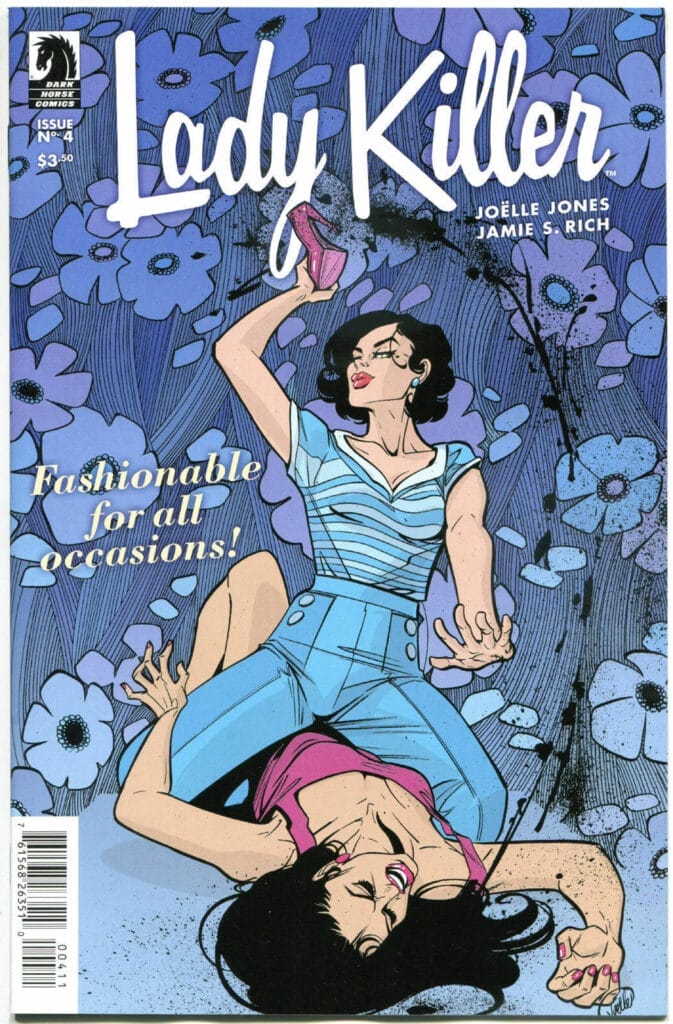 Cover art for Lady Killer Issue #4, which depicts a woman in slacks and a striped blouse mounting a woman in a pink dress, whom she's preparing to murder with a pink stiletto heel.