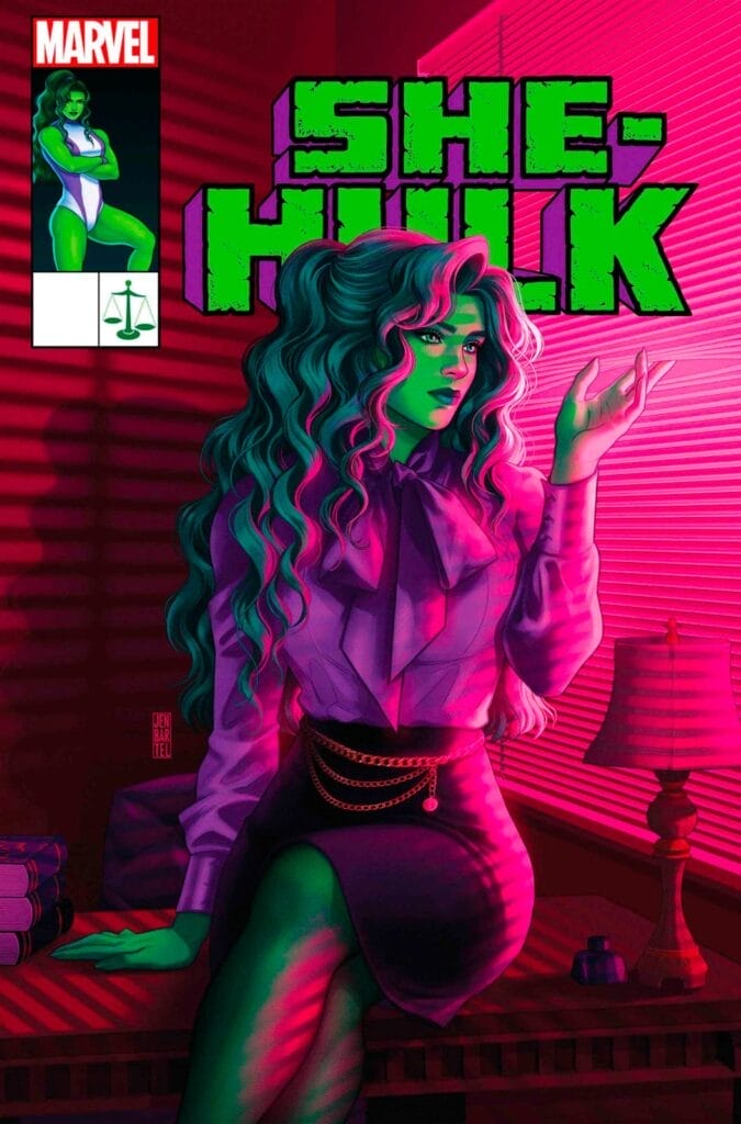 Cover art for She-Hulu (2022) issue #7, which depicts She-Hulk waring a purple blouse and black skirt as she sits in her office and peers out the blinds. A harsh pink light floods in through the slats of the blinds.