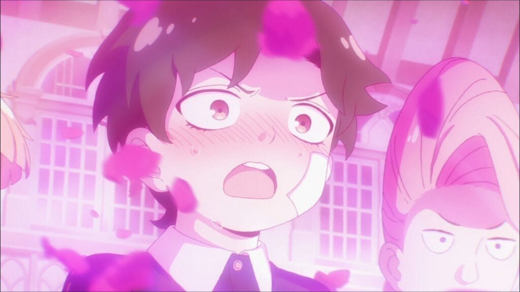 Screenshot from Spy x Family that depicts Damian Desmond, blushing and gaping offscreen as he's lit by bright pink lighting. Flower petals flutter by in the foreground.