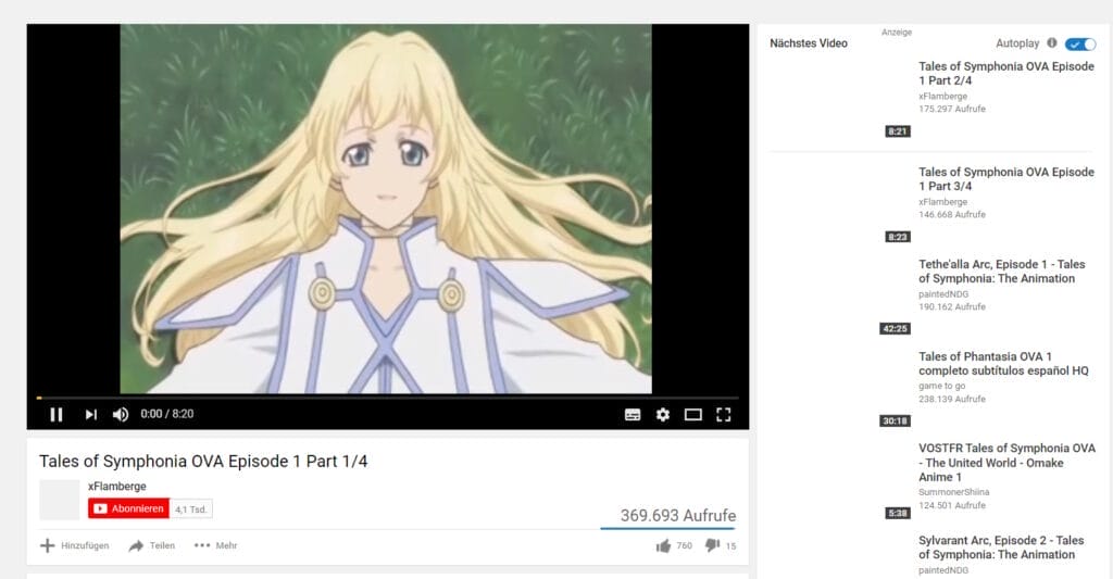 Screenshot from YouTube, circa 2011, of the Tales of Symphonia OVA fansub