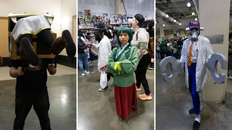 Photograph of cosplayers dressed as: A mimic eating Frieren, Maomao from The Apothecary Diaries, and Tori-Bot