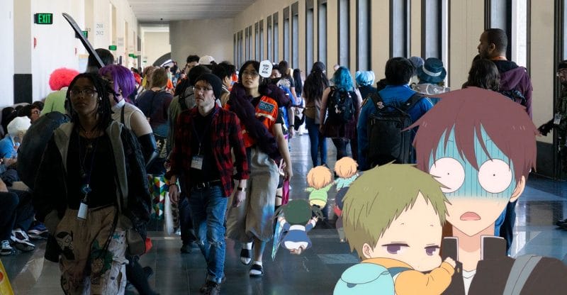 Photo from Anime Boston that's been photoshopped to place a flustered anime boy holding a baby in the foreground. In the background, four toddlers are running away from him.