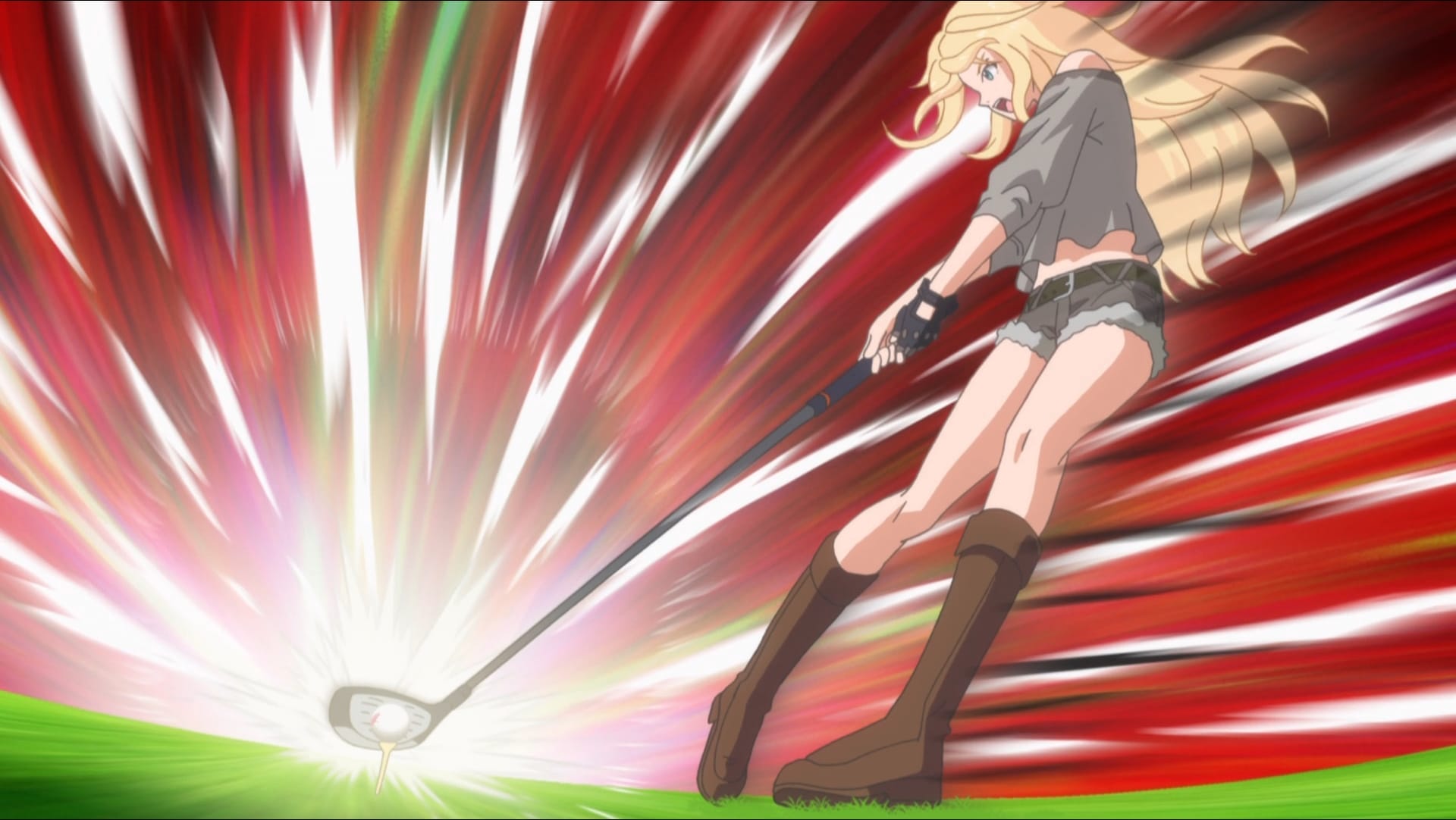 Screenshot from Birdie Wing that depicts lead character Eve hitting a golf ball against a red starfire background