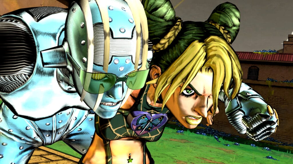 Screenshot from Jojo's Bizarre Adventure: All Star Battle R, which depicts Jolyne Kujoh reading a super attack with her stand Stone Free.