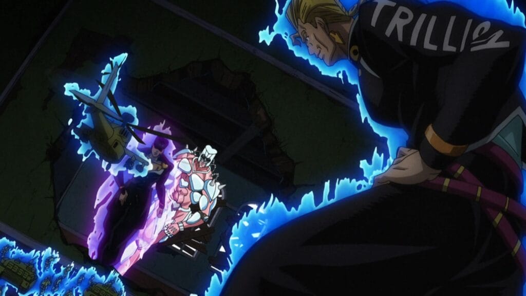 Screenshot from Jojo's Bizarre Adventure: Diamond Is Unbreakable that depicts Josuke HIgashikata and his Stand, Crazy Diamond, advancing on Keicho Nijimura, who is using his stand Bad Company.