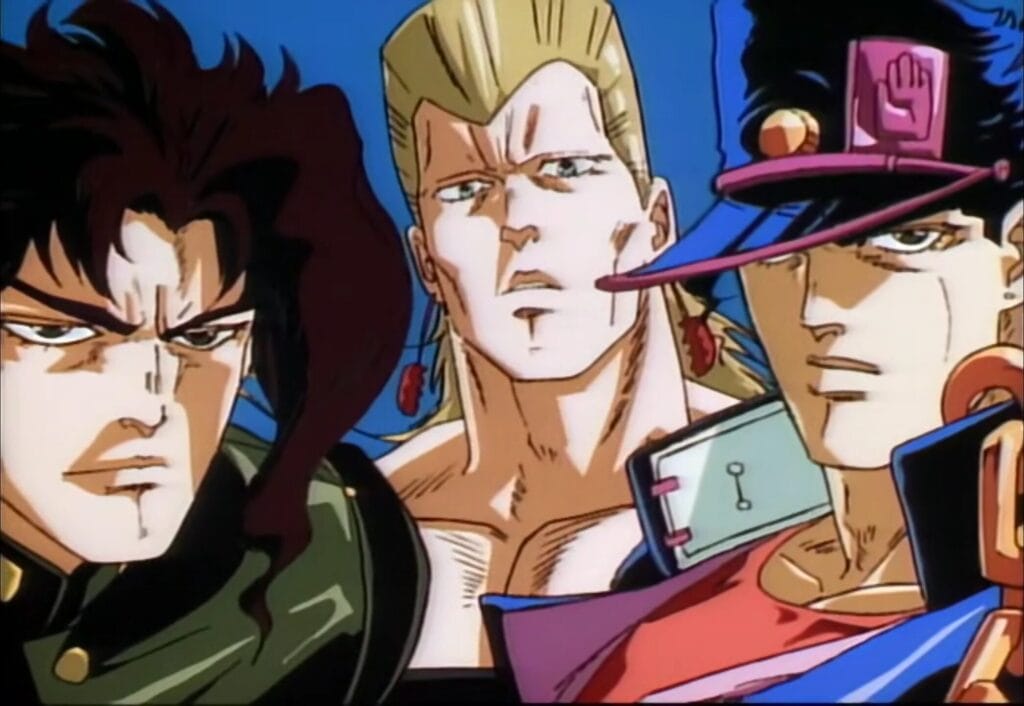 Screenshot from the Jojo's Bizarre Adventure OVA that depicts Jotaro, Polnareff, and Kakyoin standing stoically against a blue background.