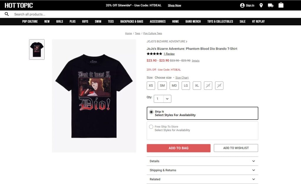 A listing for an official "But It Was I, Dio!" shirt on the Hot Topic website.