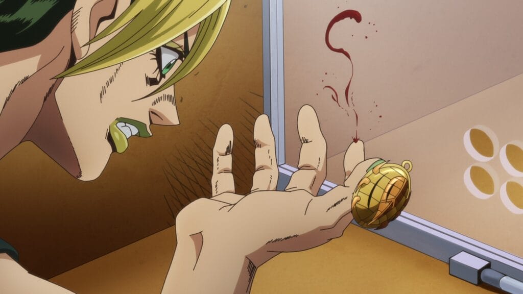 Screenshot from Jojo's Bizarre Adventure: Stone Ocean that depicts Jolyne Kujoh staring at her hand in shock, as she drops a golden orb. Blood is spurting from her index fingertip as she sits behind plexiglass.