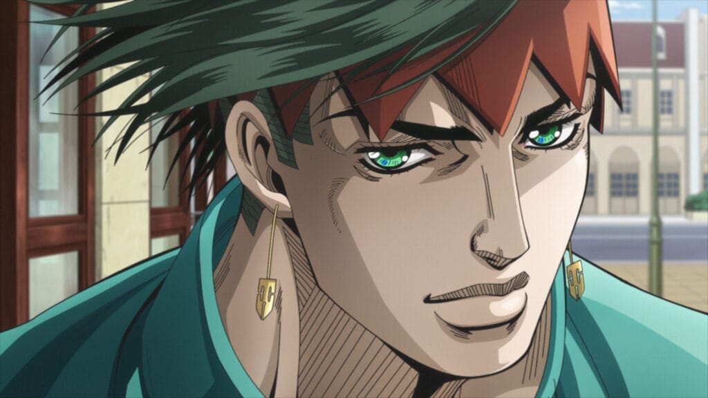 Screenshot from Jojo's Bizarre Adventure: Thus Spoke Rohan Kishibe which depicts the series' lead character, a green-haired masculine individual clad in teal, staring at the camera.