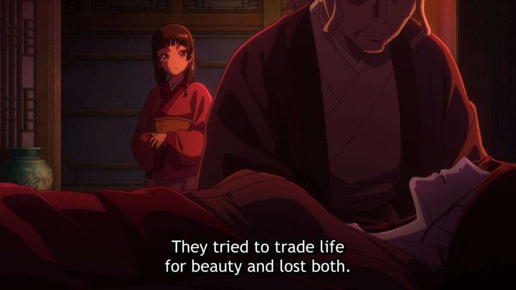 Screenshot from The Apothecary Diaries that depicts Maomao looking over at her father, who is overseeing a concubine that died to poisoning.Subtitle: "They tried to trade life for beauty and lost both."
