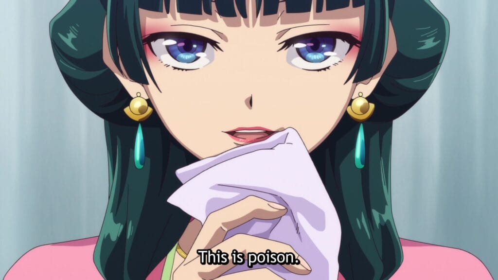 Screenshot from The Apothecary Diaries that depicts Maomao, in full makeup and court lady attire, wiping her mouth with a napkin. She's wearing a knowing smirk on her face.Subtitle: "This is poison."