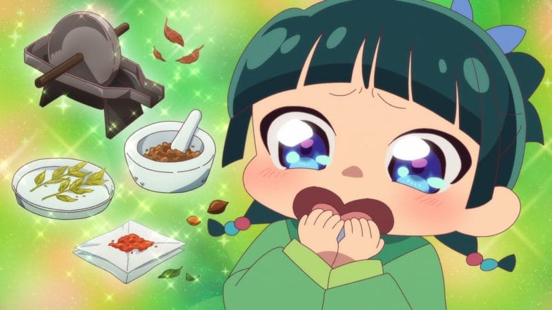 Screenshot from The Apothecary Diaries that depicts Maomao, in chibi form, absolutely fangirling over the idea of making drugs.