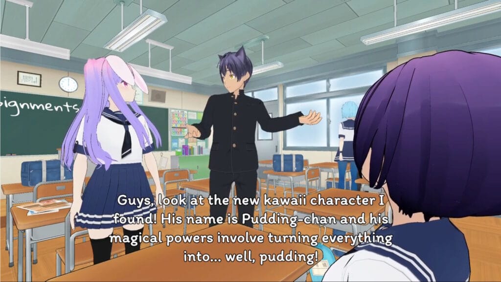 Screenshot from Always Breaktime that depicts a cat-eared boy talking with a purple-haired girl with rabbit ears.

Subtitle: "Guys, look at this new kawaii character I found! His name is Pudding-chan and his magical powers involve turning everything into... well, pudding!"