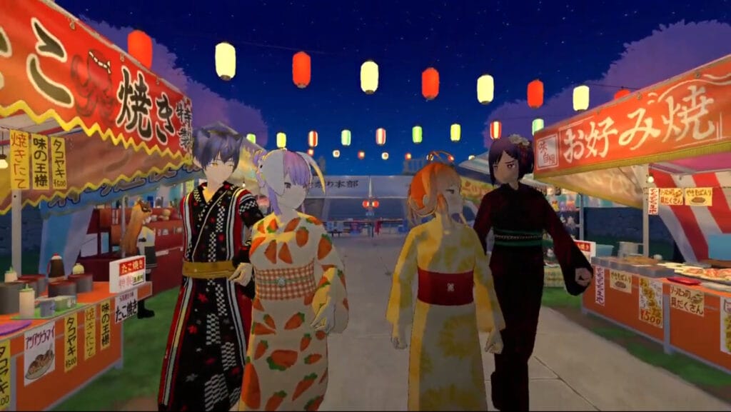 Screenshot from Always Breaktime that depicts a cat-eared boy, a purple-haired girl with bunny ears, a red-haired girl, and a person with flowers in their hair wearing yukatas as they walk aimlessly through a repeating array of randomly-generated stalls.