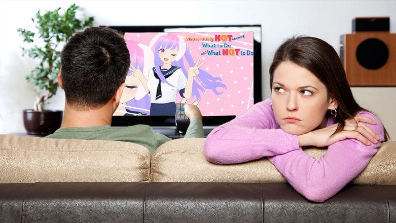 Photo of a man watching TV while a woman looks annoyedly at the camera. The TV screen has "Dangerously Not Knowing What to Do" playing on it.