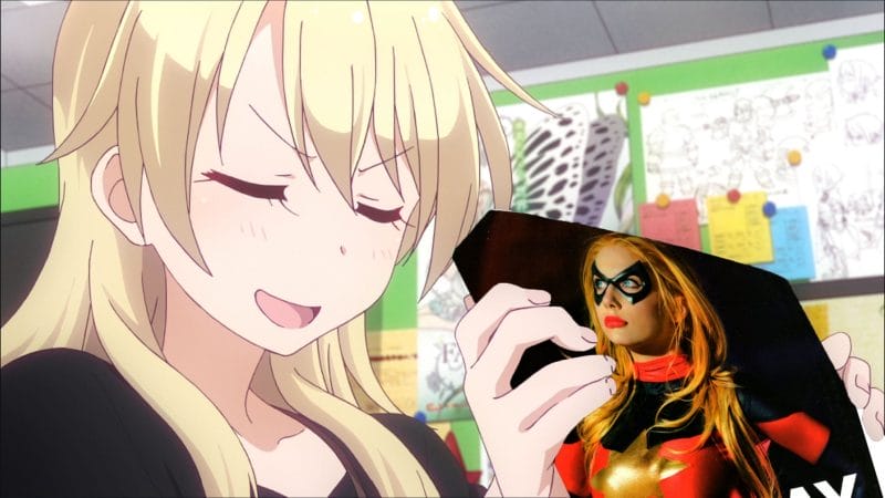 Edited screenshot from New Game! that depicts Kou Yamori holding a copy of Lauren Orsini's "Cosplay - The Fantasy World of Role-Play" book
