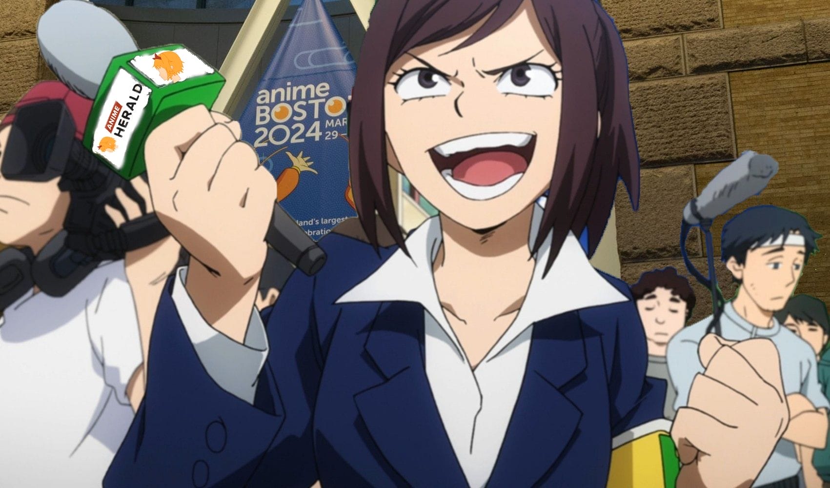 A spunky, smirking woman reporter from My Hero Academia holding a microphone with the Anime Herald logo as she stands in front of Anime Boston 2024.