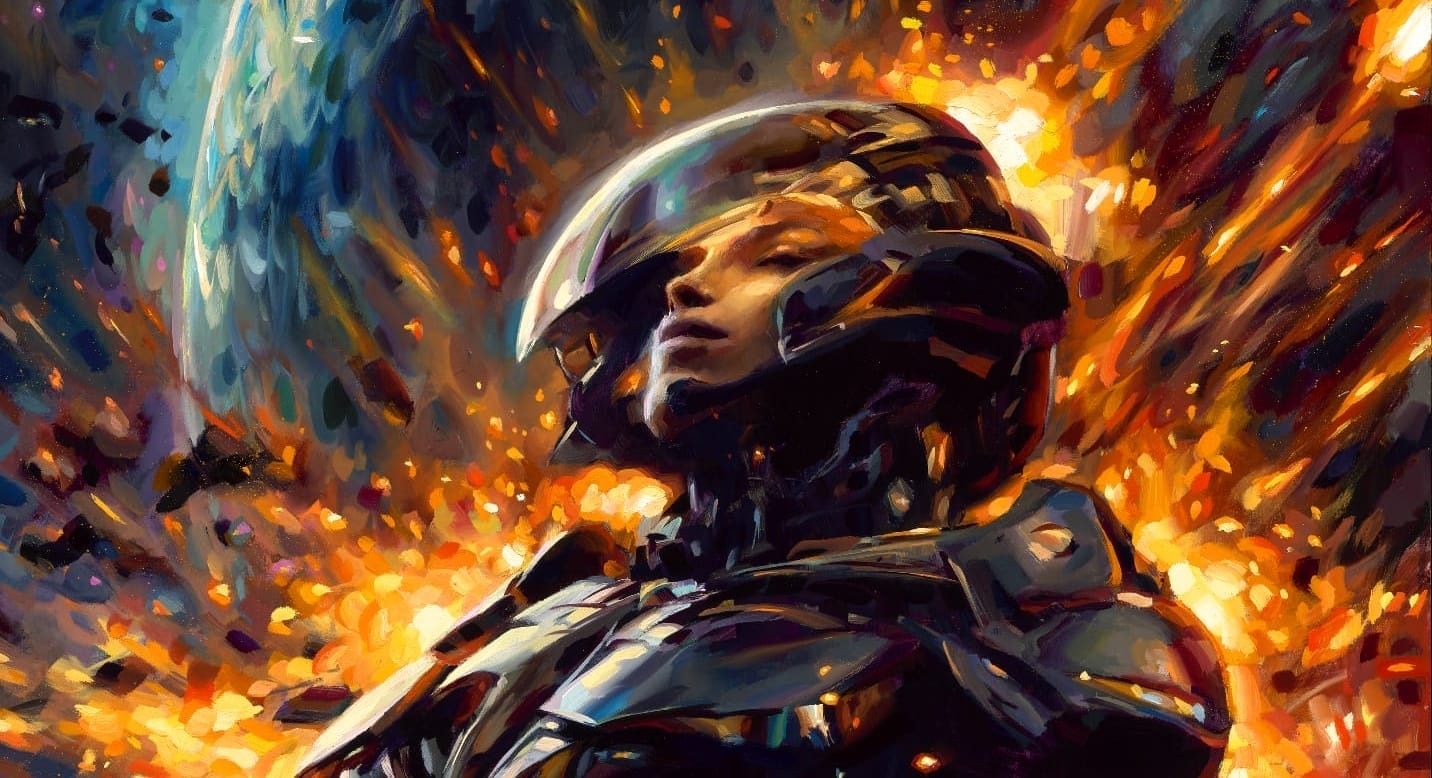 Art by Kai Lun Qu that depicts a woman in sci-fi armor standing in front of an exploding planet.