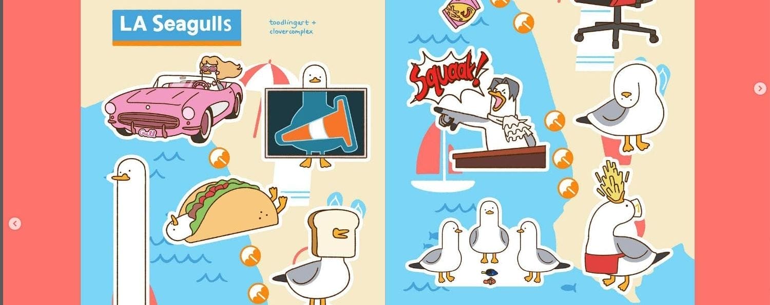 Artwork by Toodlingart that depicts a variety of adorable seagulls, including one dressed as Miles Edgeworth, and one dressed as Barbie