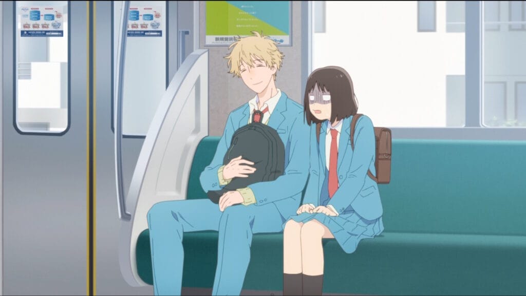 Screenshot from Skip and Loafer that depicts Sosuke and Mitsumi sitting on the train together. Mitsumi looks like she's seen hell with an exhausted, despairing expression as she hunches over.