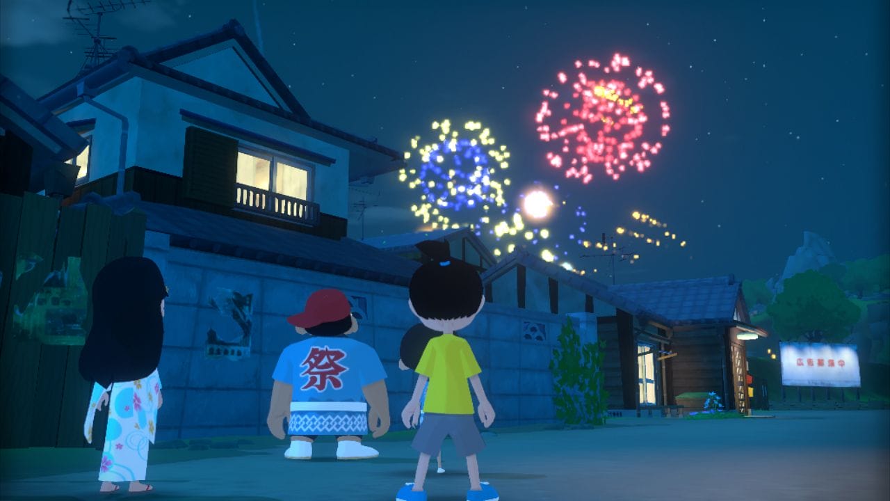 Screenshot from Natsu-Mon: 20th Century Summer Kid that depicts a group of people watching a firewalks show.