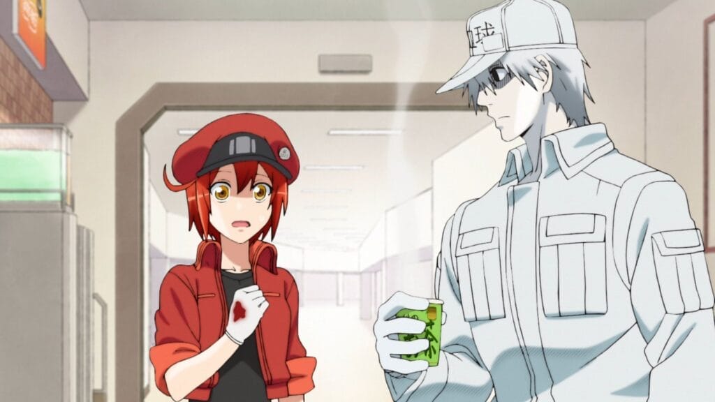 Screenshot of cells at work! which depicts Red Blood Cell, a red-haired girl in a red outfit, talking to Neutrofil, a ghostly white individual dressed all in white. Red Blood Cell's hand is cut and bleeding, and Neutrofil casually drinks coffee