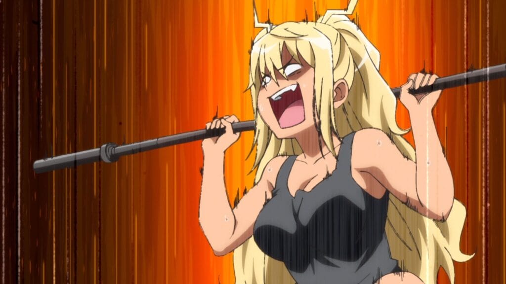 Screenshot of How Heavy Are the Dumbbells You Lift with Hibiki, a blonde, light brown girl wearing a black tank top. She screams with an intense expression as she squats while holding a barbell behind her back