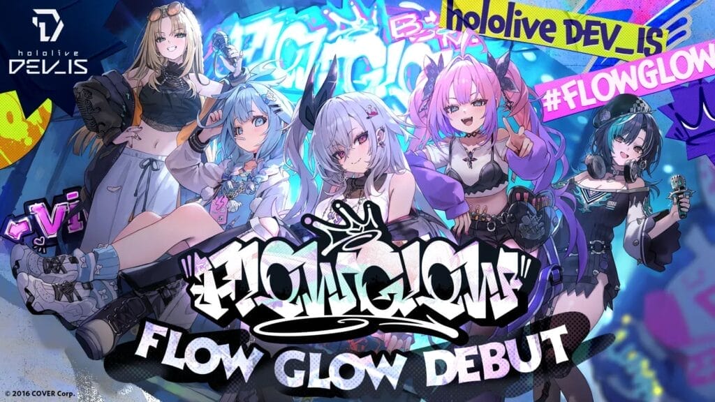 Press announcement visual for hololive DEV_IS FLOW GLOW's debut, which depicts the unit's members posing in front of a wall painted with graffiti art of their name