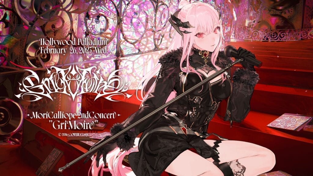 Visual for hololive talent Mori Calliope's Grimoire concert, which depicts the pink-haired reaper, wearing a black dress and gloves, sitting on a red staircase, in front of an ornate stained-glass window. She's holding a microphone and a book is visible on the step next to her.