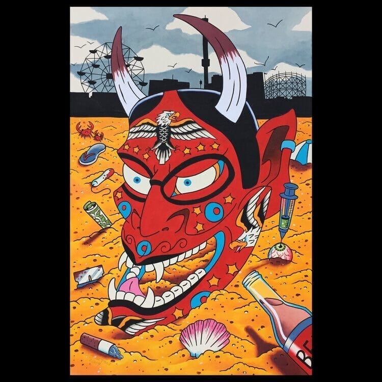 A print of an oni head adorned with a bald eagle on a beach littered with garbage - razor blades, a used tampon, a beer bottle, a  cigarette  butt, an eyeball with a needle sticking out of it